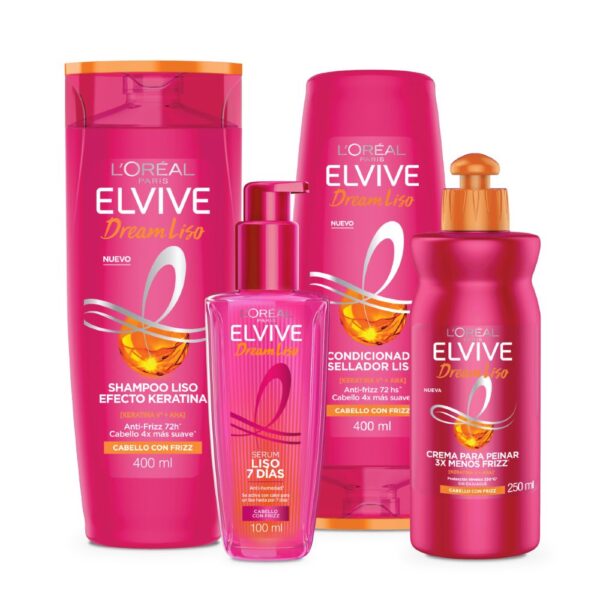 Kit Rutina Completa Elvive Dream Liso: Shampoo, Acondicionador, Crema para Peinar y Sérum